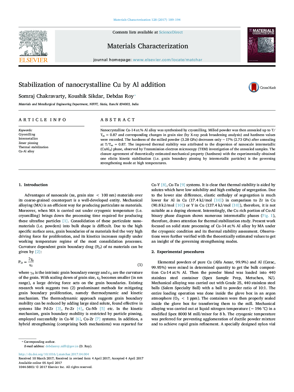 Stabilization of nanocrystalline Cu by Al addition