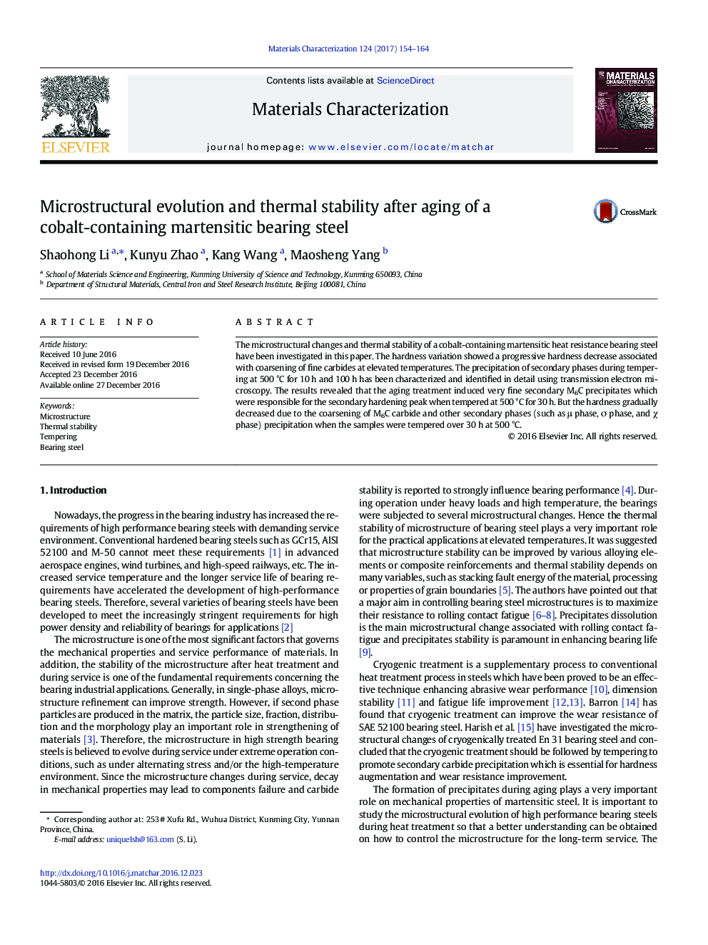 Microstructural evolution and thermal stability after aging of a cobalt-containing martensitic bearing steel