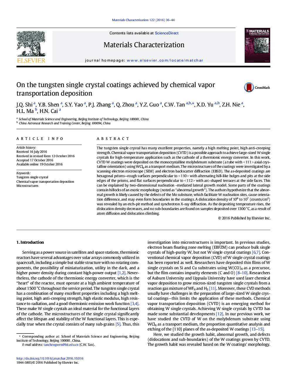 On the tungsten single crystal coatings achieved by chemical vapor transportation deposition