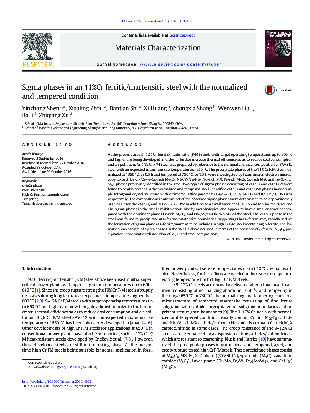 Sigma phases in an 11%Cr ferritic/martensitic steel with the normalized and tempered condition