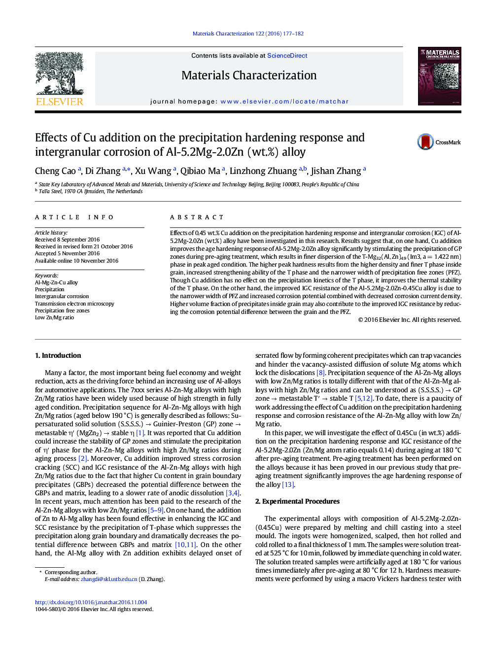 Effects of Cu addition on the precipitation hardening response and intergranular corrosion of Al-5.2Mg-2.0Zn (wt.%) alloy