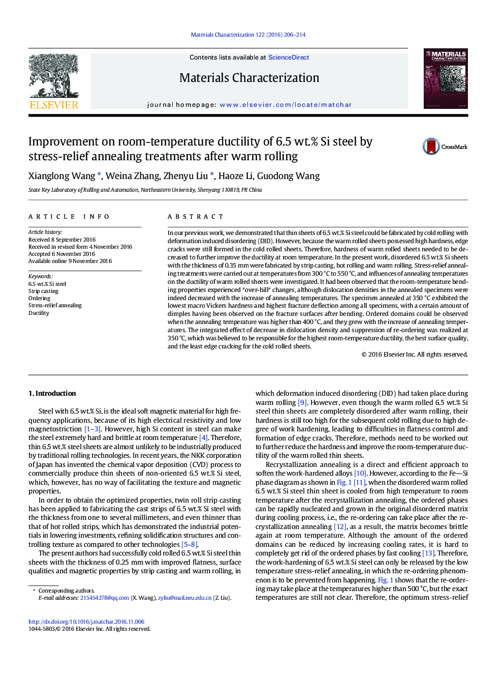 Improvement on room-temperature ductility of 6.5Â wt.% Si steel by stress-relief annealing treatments after warm rolling