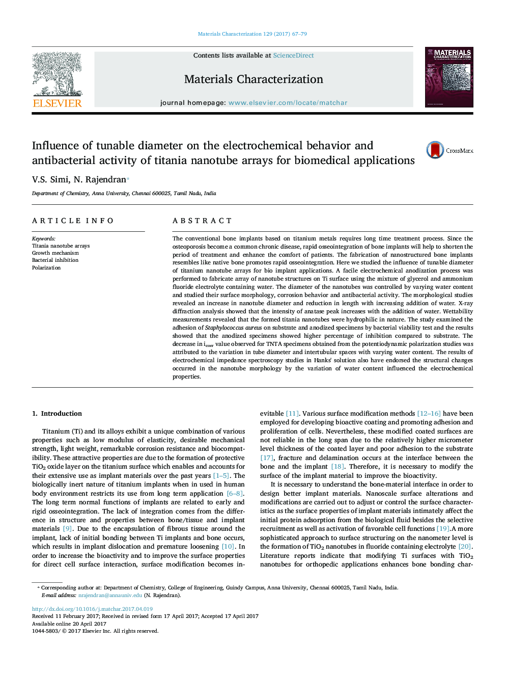 تاثیر قطر قابل تنظیم بر رفتار الکتروشیمیایی و فعالیت ضد باکتری آرایه های نانوتیوب تیتانیوم برای کاربردهای بیومدیکال 