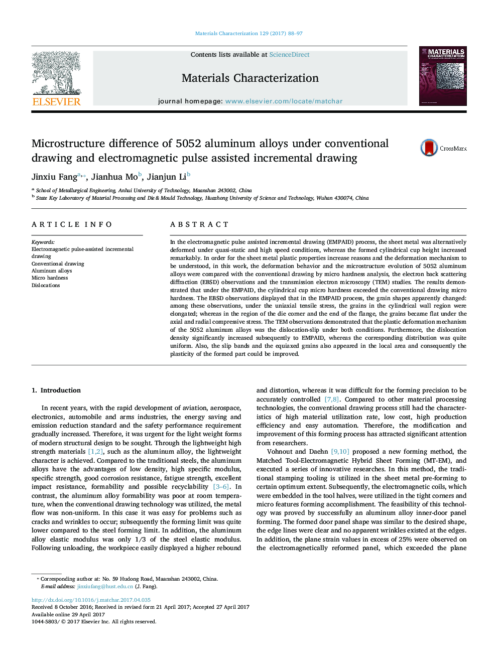 Microstructure difference of 5052 aluminum alloys under conventional drawing and electromagnetic pulse assisted incremental drawing