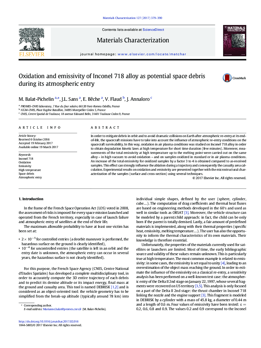 Oxidation and emissivity of Inconel 718 alloy as potential space debris during its atmospheric entry