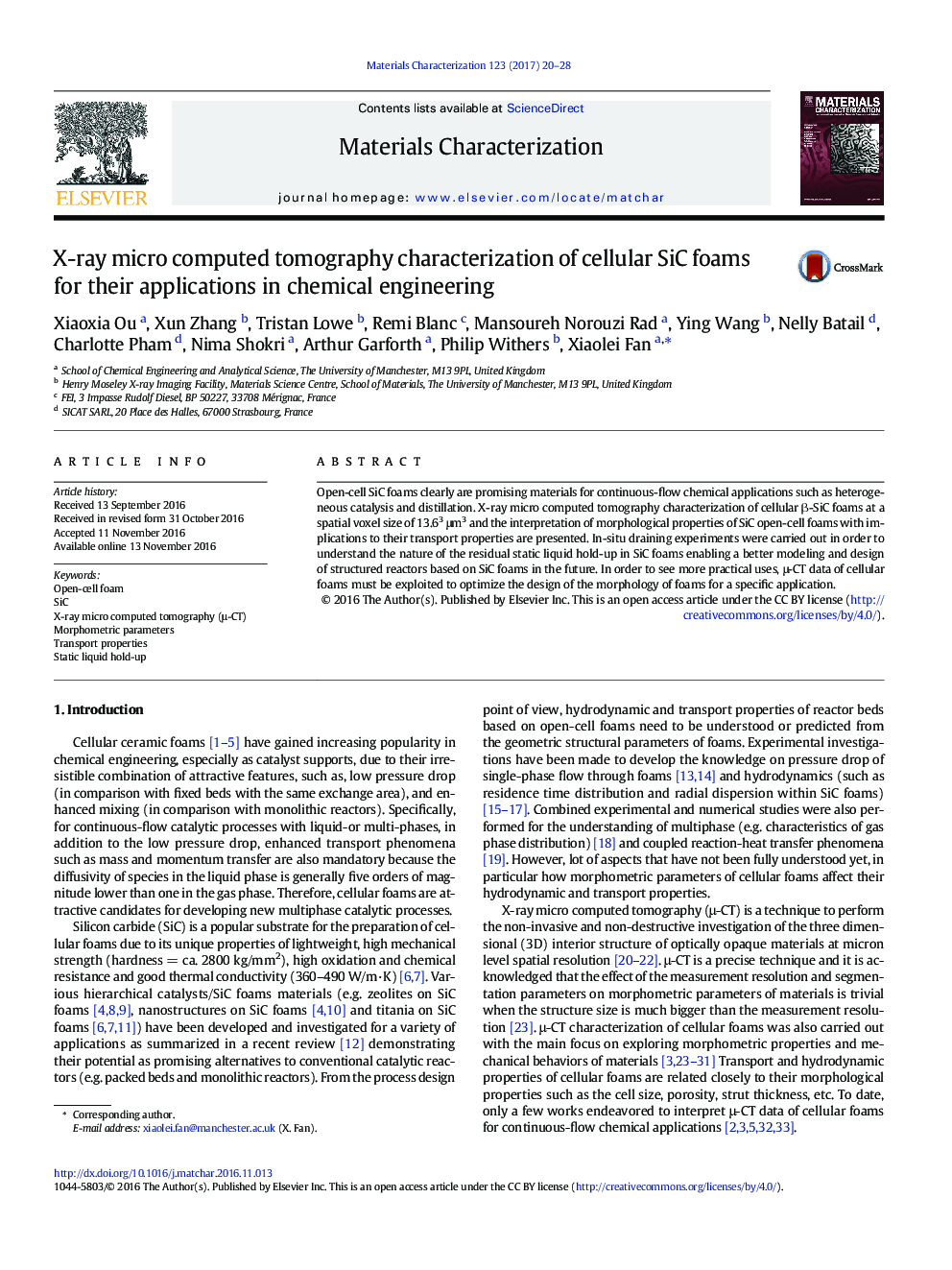 X-ray micro computed tomography characterization of cellular SiC foams for their applications in chemical engineering