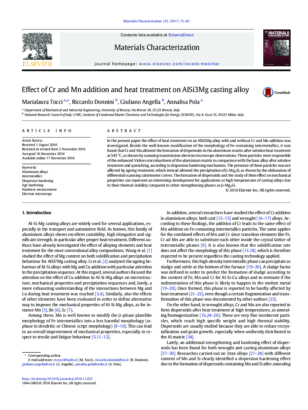 Effect of Cr and Mn addition and heat treatment on AlSi3Mg casting alloy