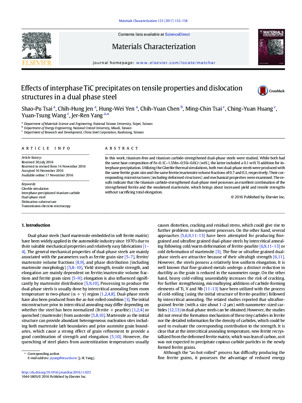 Effects of interphase TiC precipitates on tensile properties and dislocation structures in a dual phase steel