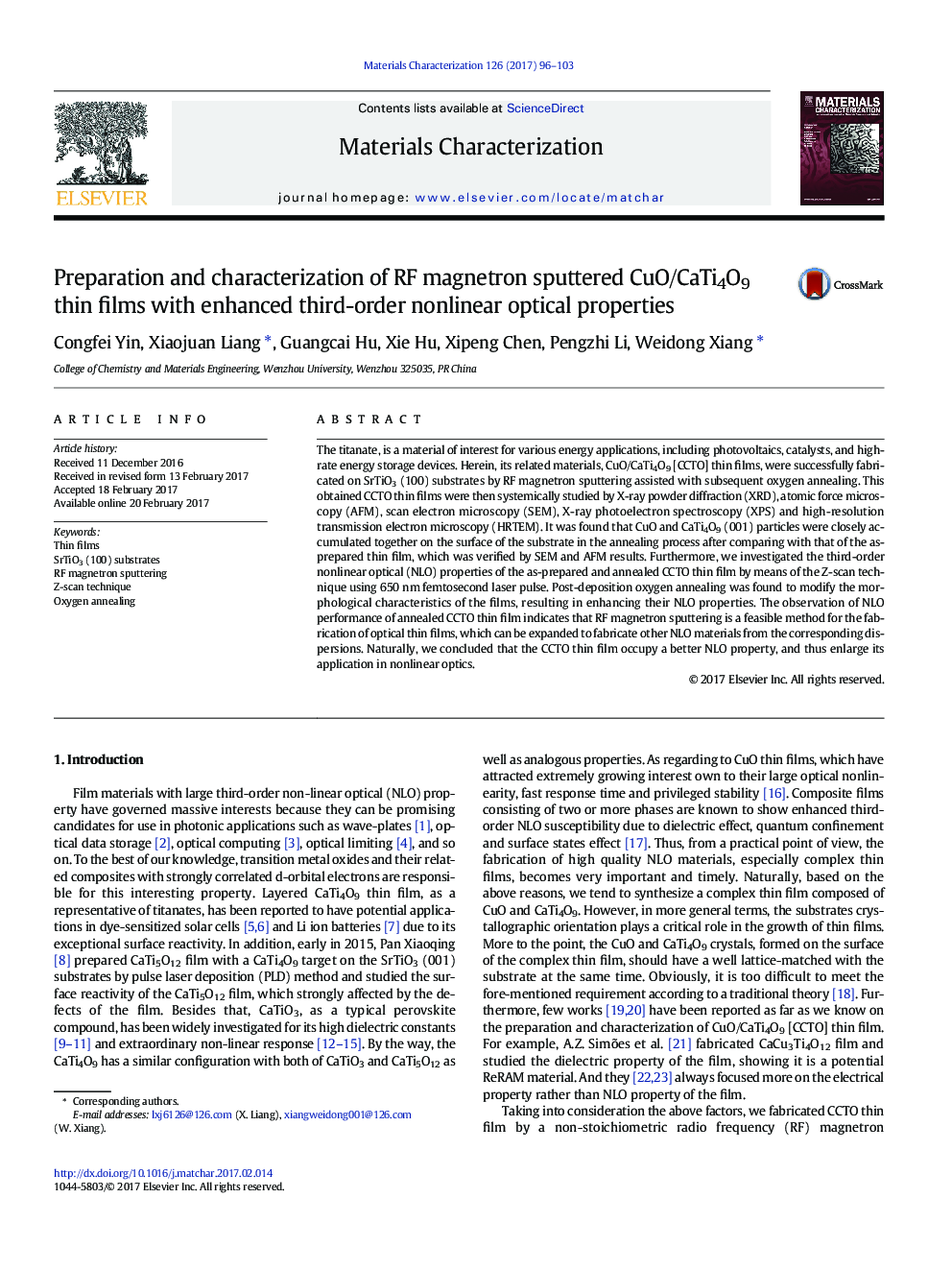 Preparation and characterization of RF magnetron sputtered CuO/CaTi4O9 thin films with enhanced third-order nonlinear optical properties