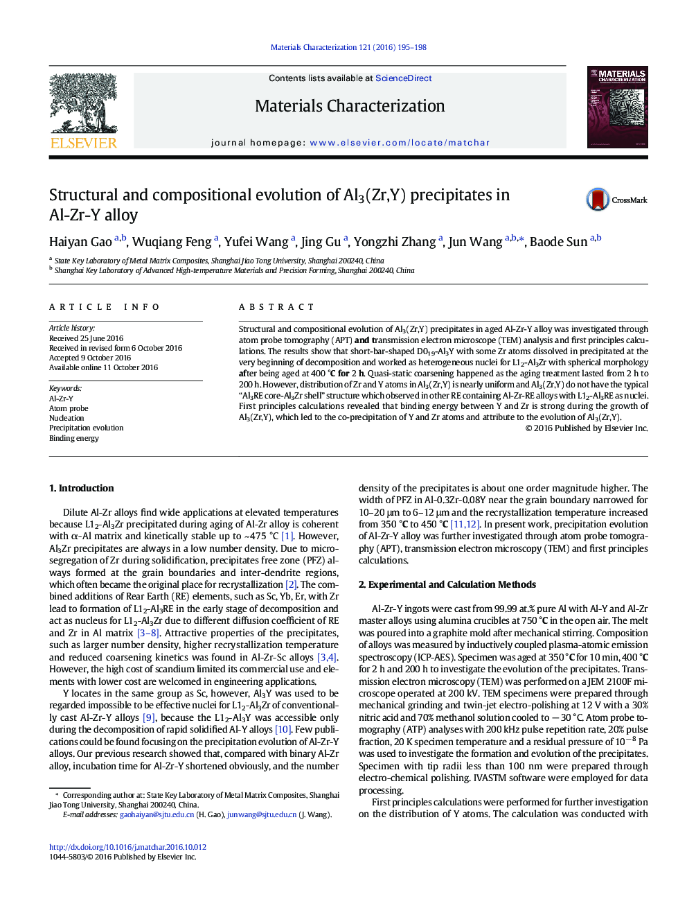 Structural and compositional evolution of Al3(Zr,Y) precipitates in Al-Zr-Y alloy