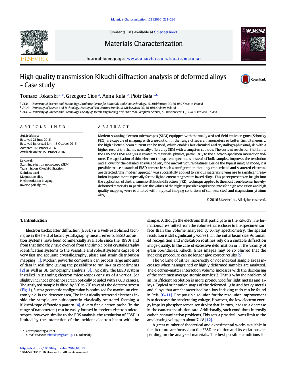 High quality transmission Kikuchi diffraction analysis of deformed alloys - Case study