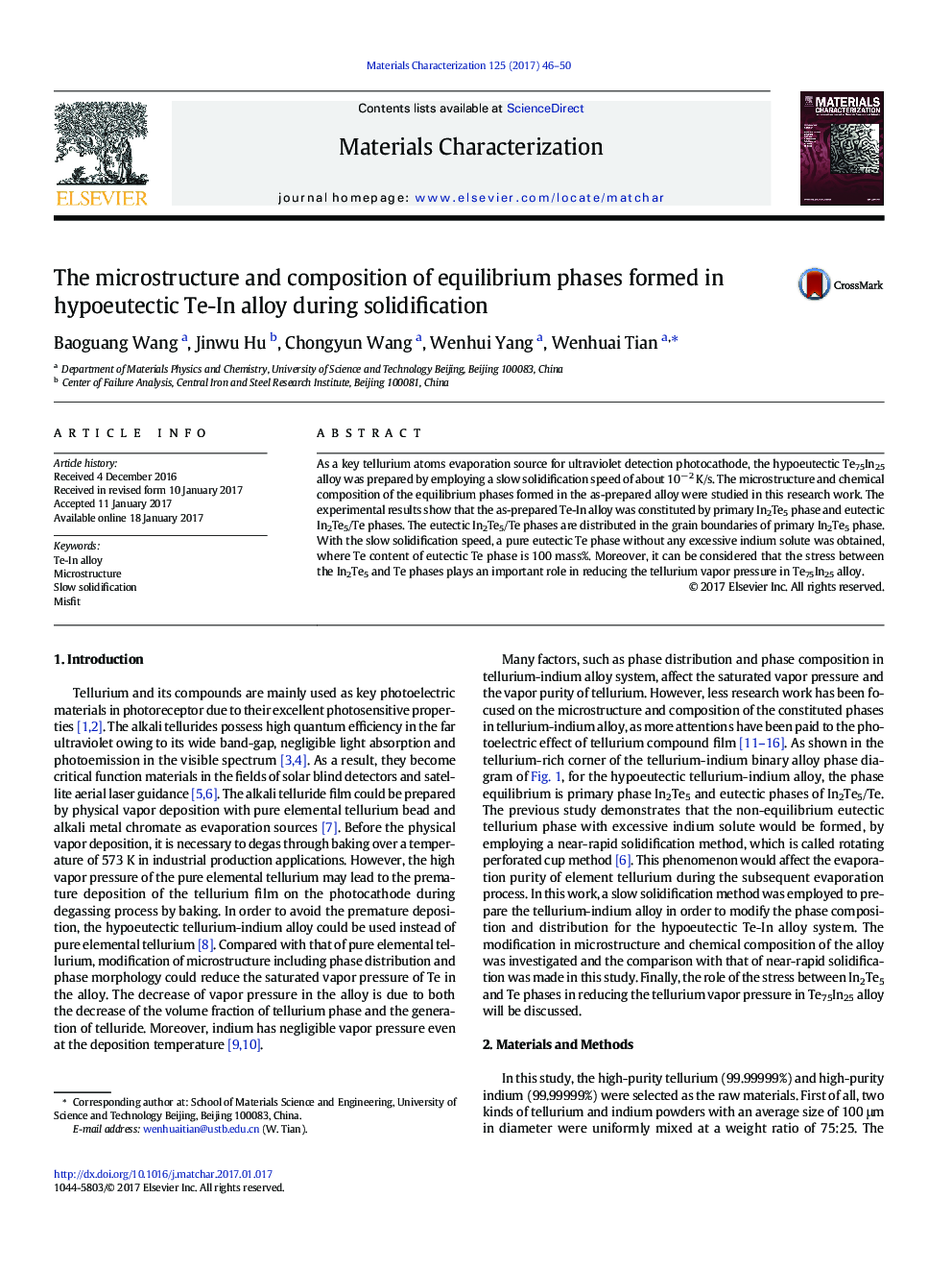 عکس صفحه اول مقاله: The microstructure and composition of equilibrium phases formed in hypoeutectic Te-In alloy during solidification The microstructure and composition of equilibrium phases formed in hypoeutectic Te-In alloy during solidification