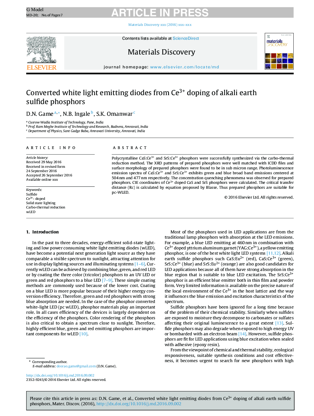 عکس صفحه اول مقاله: Converted white light emitting diodes from Ce3+ doping of alkali earth sulfide phosphors Converted white light emitting diodes from Ce3+ doping of alkali earth sulfide phosphors