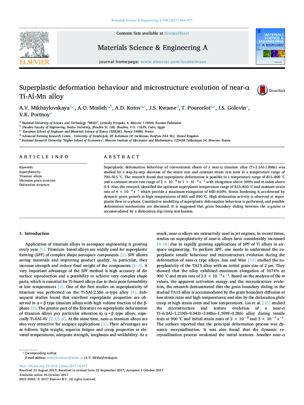 Superplastic deformation behaviour and microstructure evolution of near-Î± Ti-Al-Mn alloy
