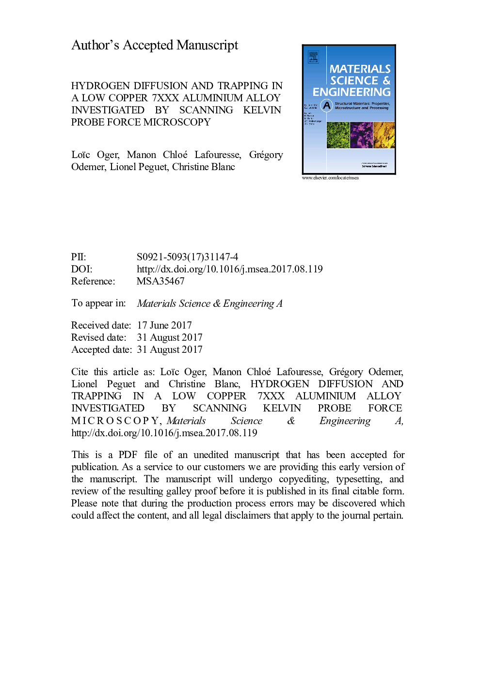 Hydrogen diffusion and trapping in a low copper 7xxx aluminium alloy investigated by Scanning Kelvin Probe Force Microscopy