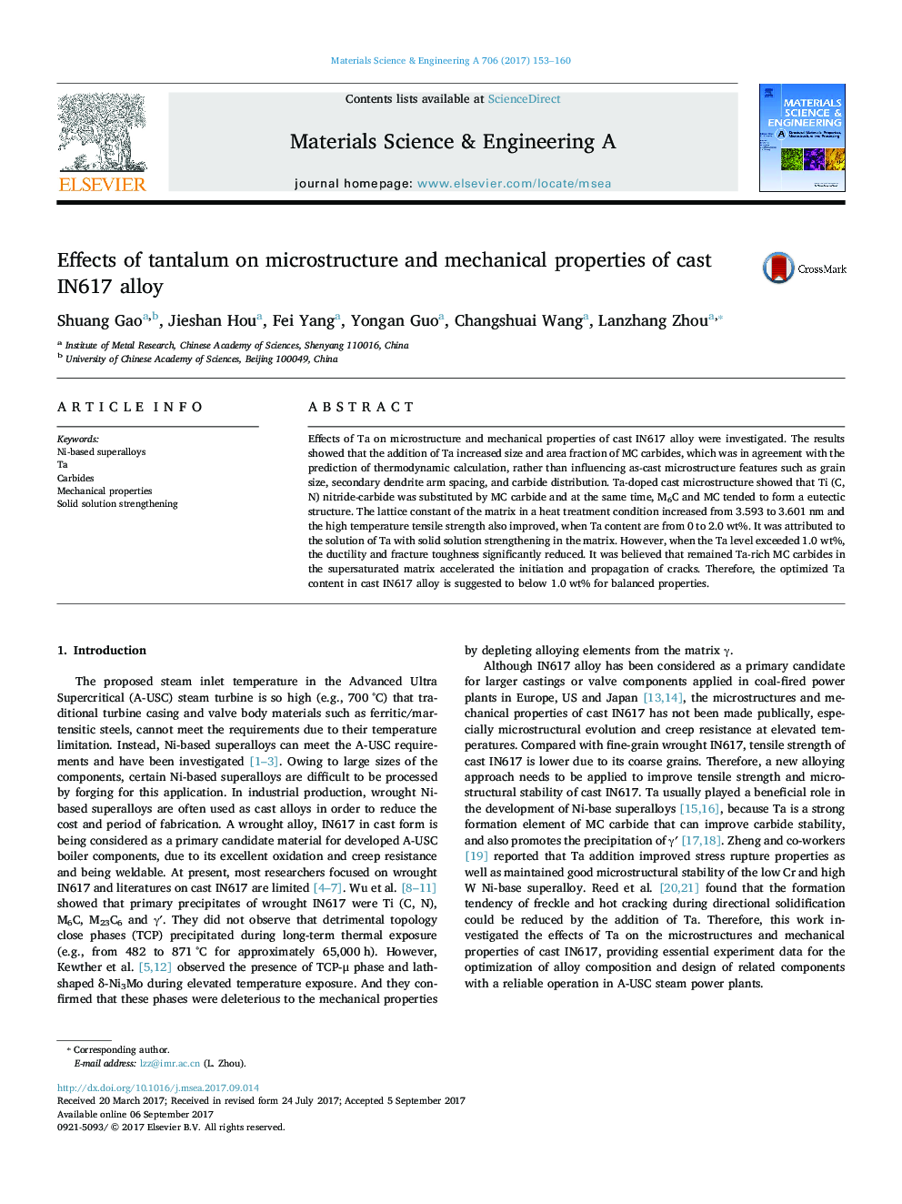 Effects of tantalum on microstructure and mechanical properties of cast IN617 alloy