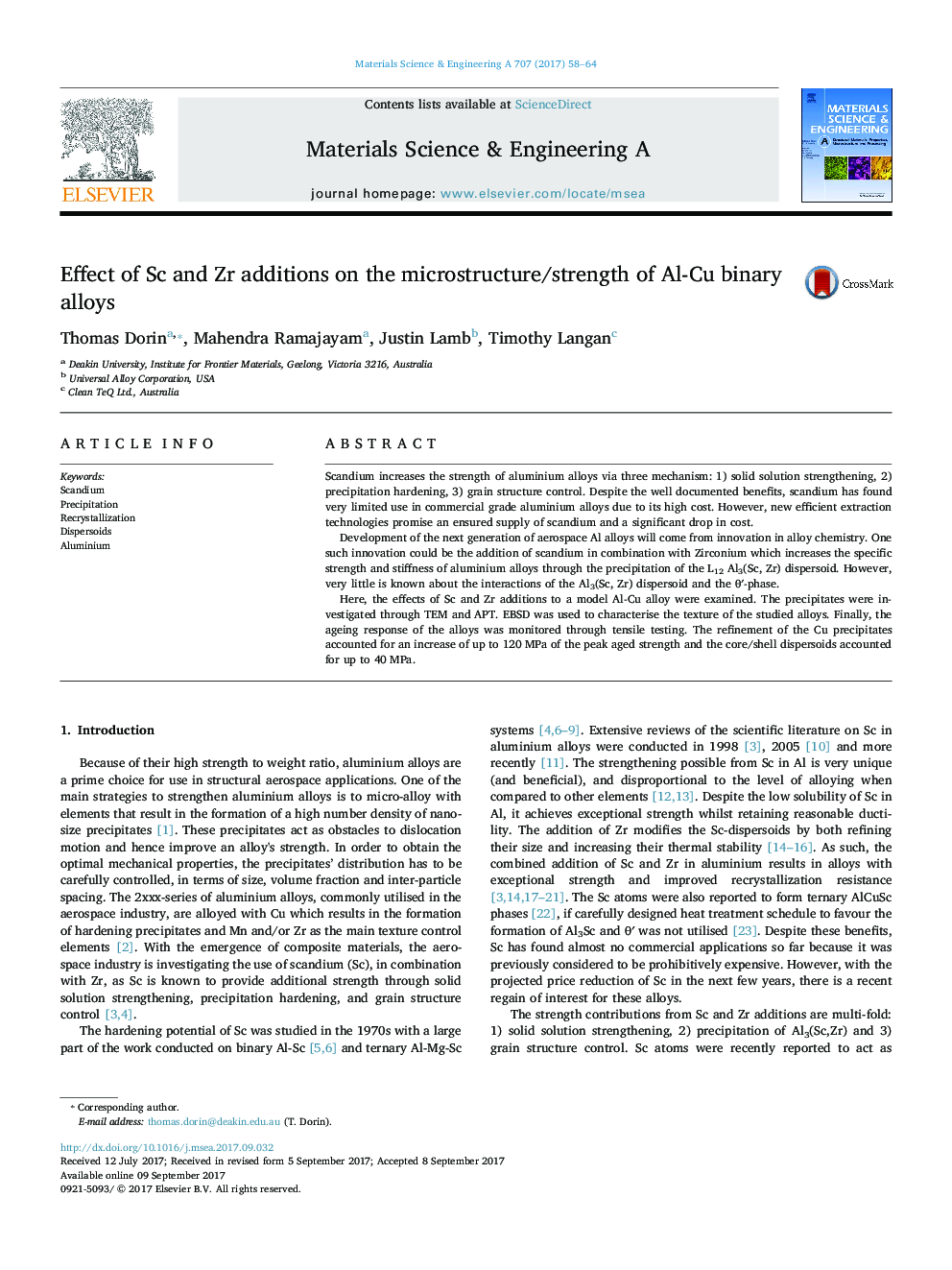 Effect of Sc and Zr additions on the microstructure/strength of Al-Cu binary alloys