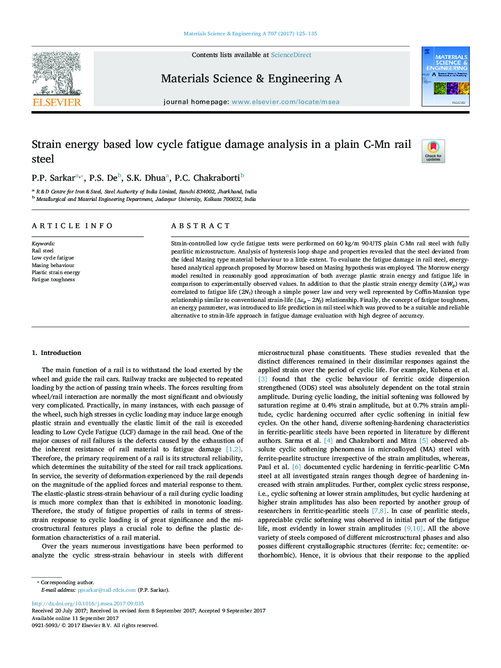 Strain energy based low cycle fatigue damage analysis in a plain C-Mn rail steel