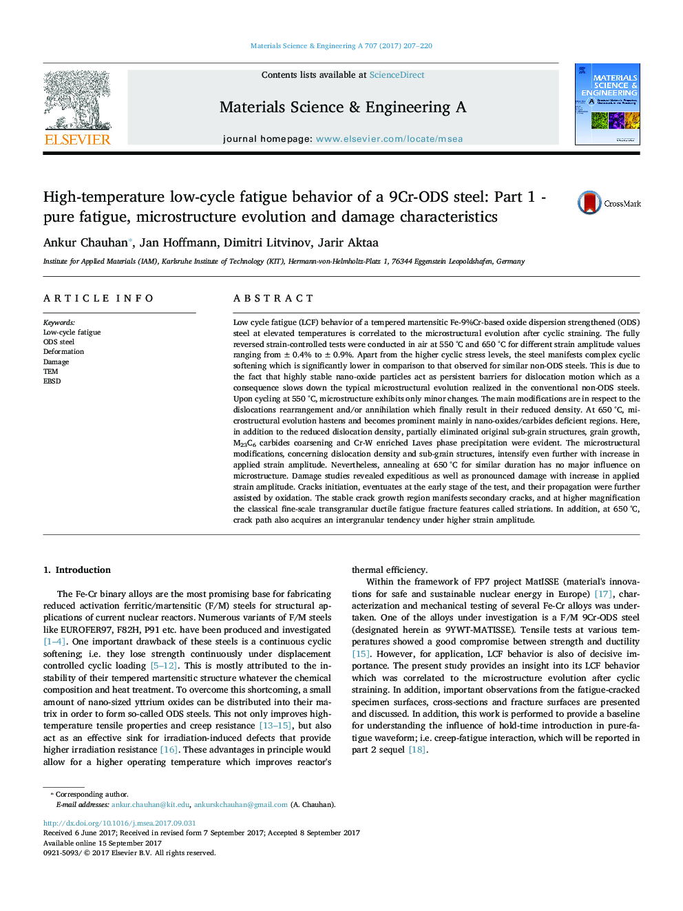 High-temperature low-cycle fatigue behavior of a 9Cr-ODS steel: Part 1 - pure fatigue, microstructure evolution and damage characteristics