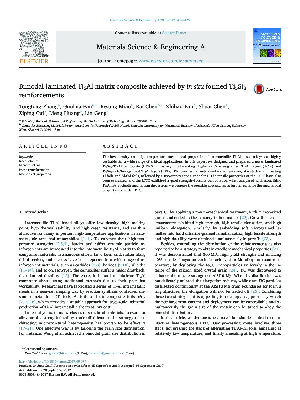 Bimodal laminated Ti3Al matrix composite achieved by in situ formed Ti5Si3 reinforcements