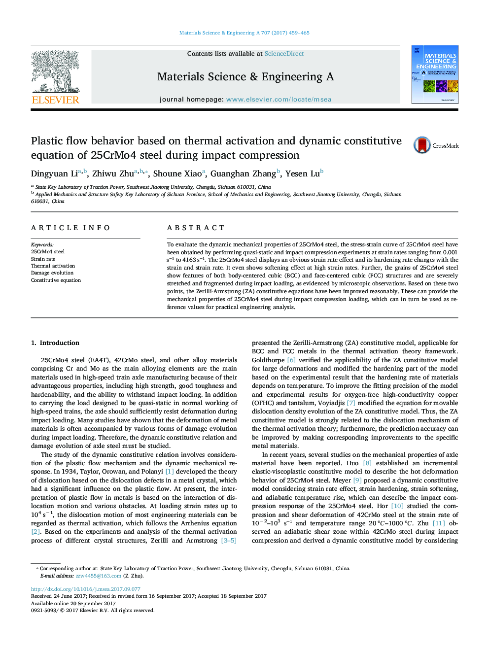 Plastic flow behavior based on thermal activation and dynamic constitutive equation of 25CrMo4 steel during impact compression