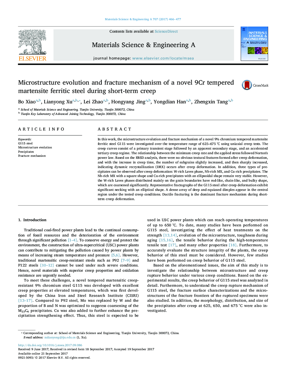 Microstructure evolution and fracture mechanism of a novel 9Cr tempered martensite ferritic steel during short-term creep