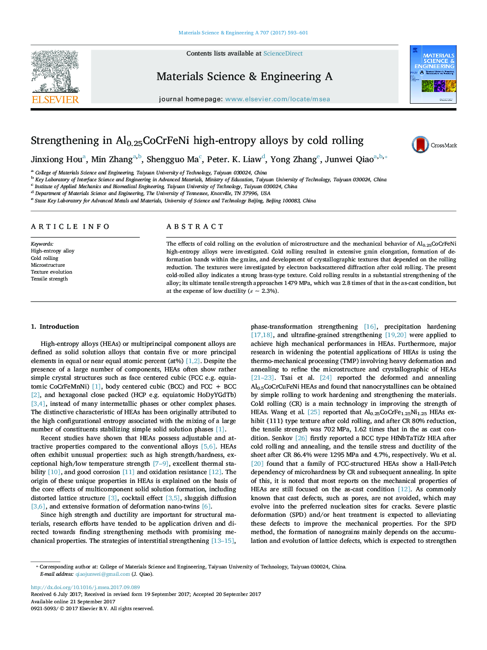 Strengthening in Al0.25CoCrFeNi high-entropy alloys by cold rolling