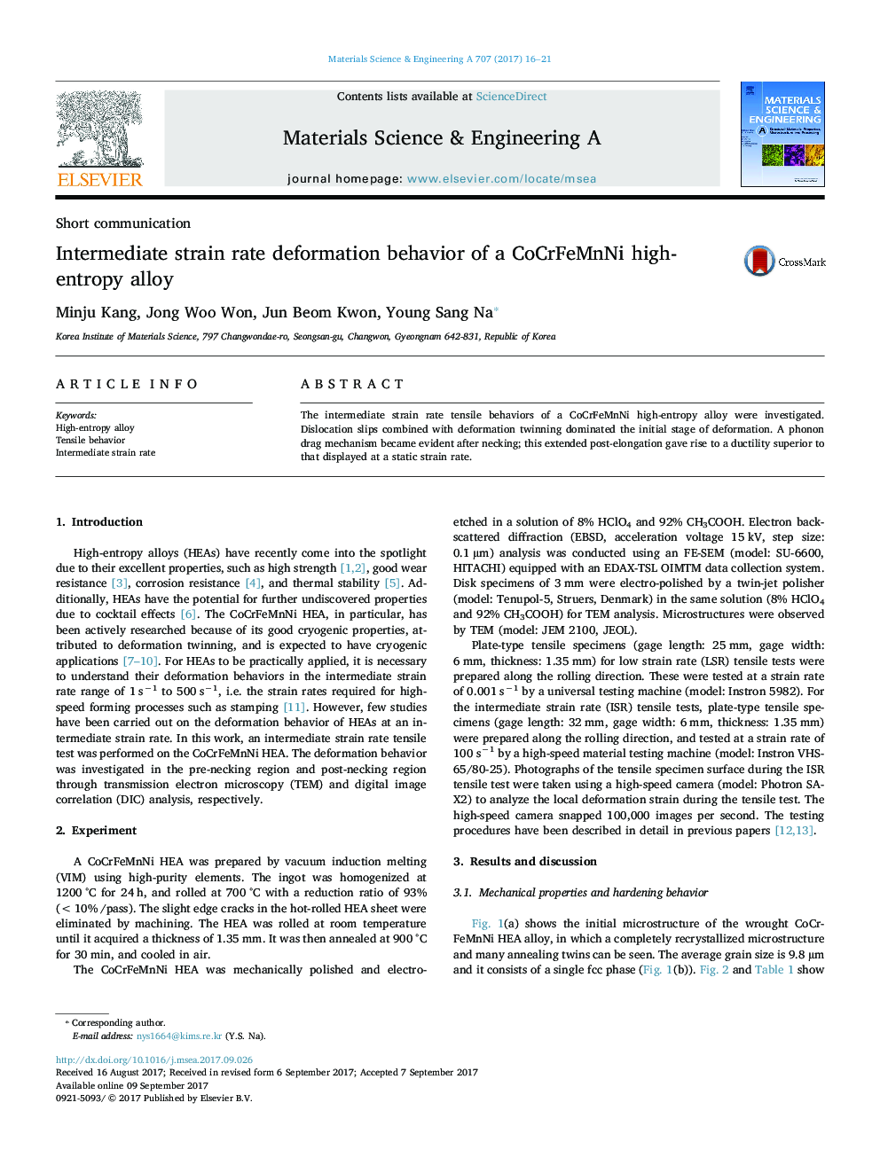 Intermediate strain rate deformation behavior of a CoCrFeMnNi high-entropy alloy