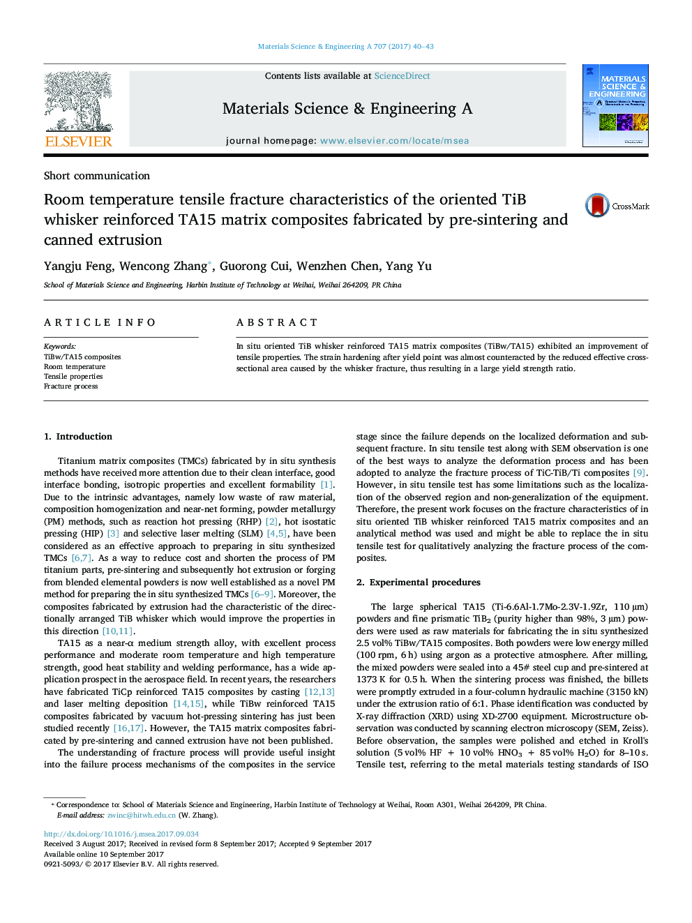 Room temperature tensile fracture characteristics of the oriented TiB whisker reinforced TA15 matrix composites fabricated by pre-sintering and canned extrusion