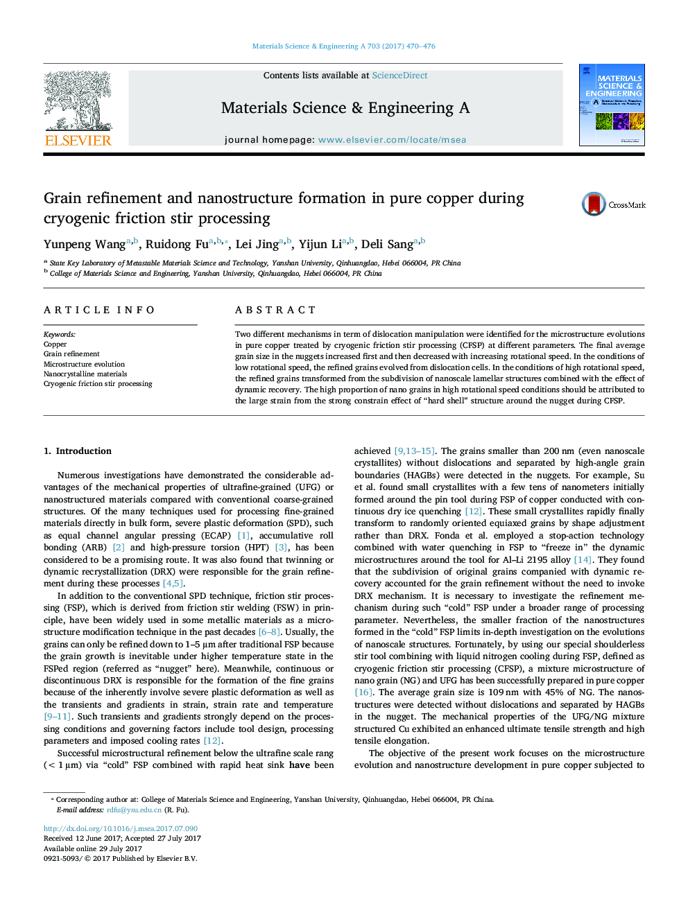 Grain refinement and nanostructure formation in pure copper during cryogenic friction stir processing