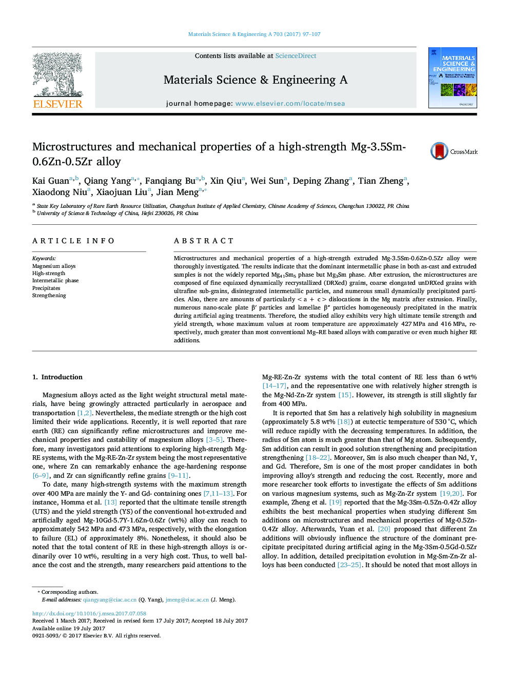 Microstructures and mechanical properties of a high-strength Mg-3.5Sm-0.6Zn-0.5Zr alloy