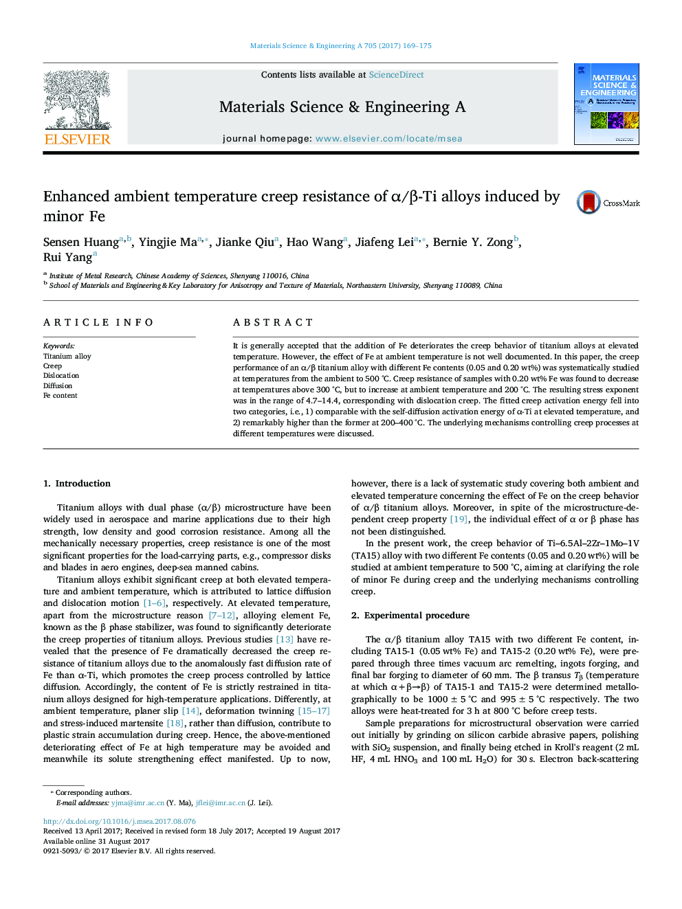 Enhanced ambient temperature creep resistance of Î±/Î²-Ti alloys induced by minor Fe