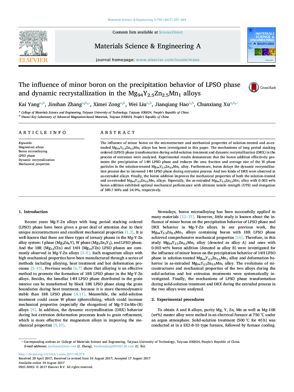 The influence of minor boron on the precipitation behavior of LPSO phase and dynamic recrystallization in the Mg94Y2.5Zn2.5Mn1 alloys