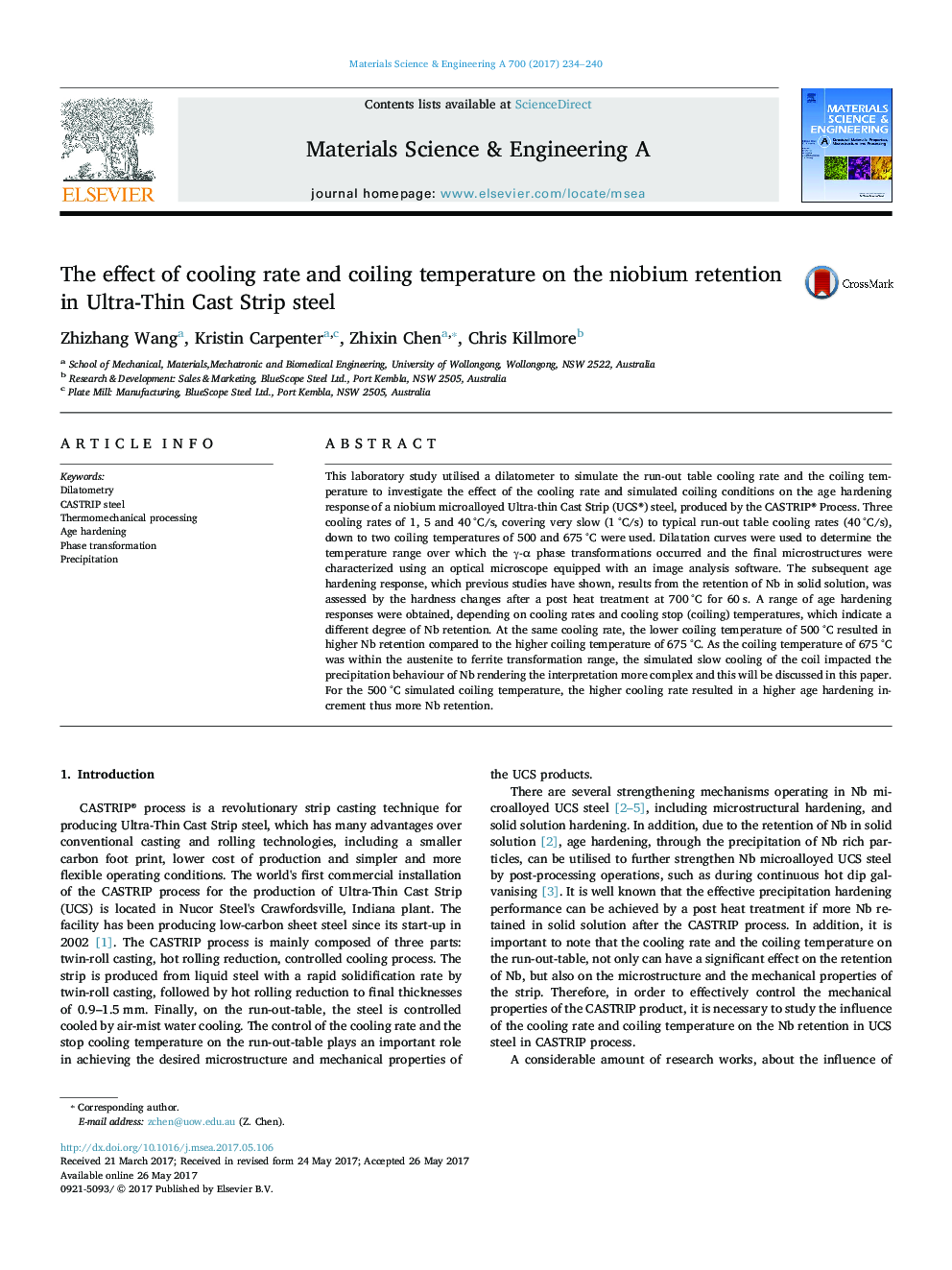 The effect of cooling rate and coiling temperature on the niobium retention in Ultra-Thin Cast Strip steel