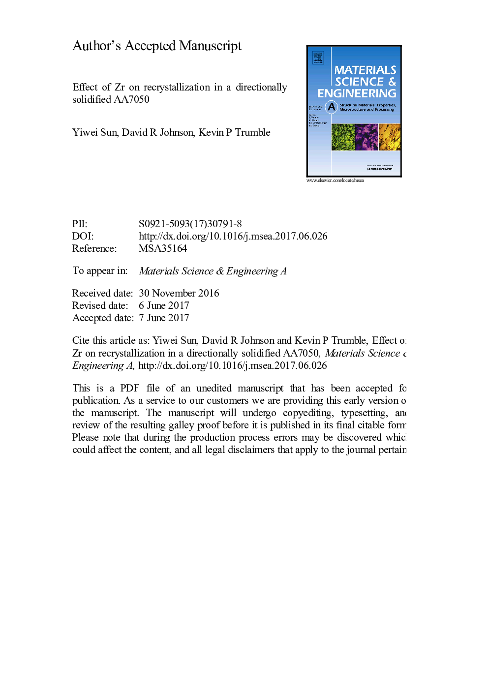 Effect of Zr on recrystallization in a directionally solidified AA7050