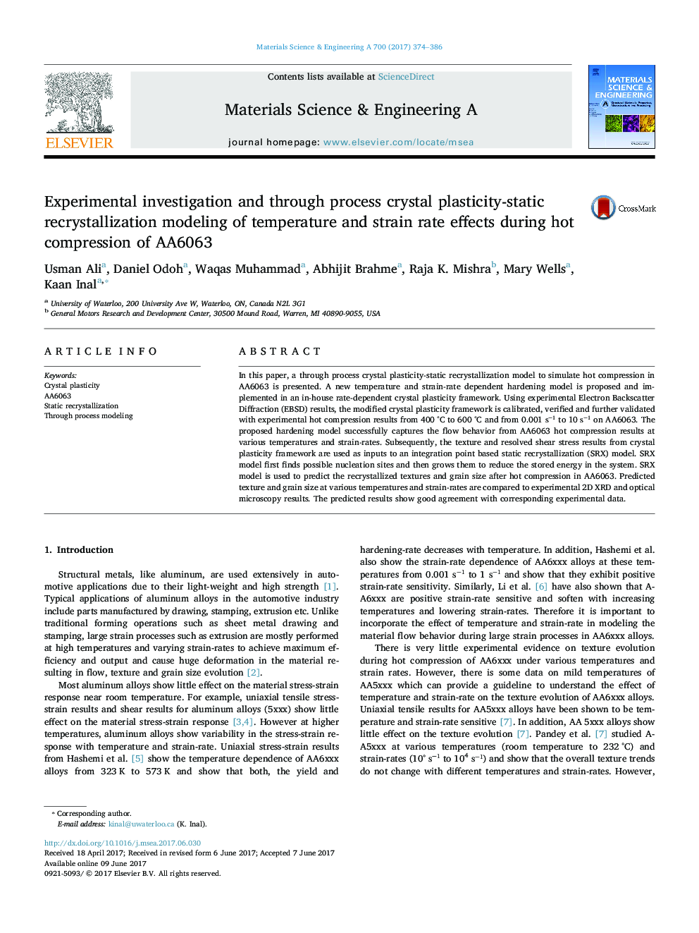 Experimental investigation and through process crystal plasticity-static recrystallization modeling of temperature and strain rate effects during hot compression of AA6063