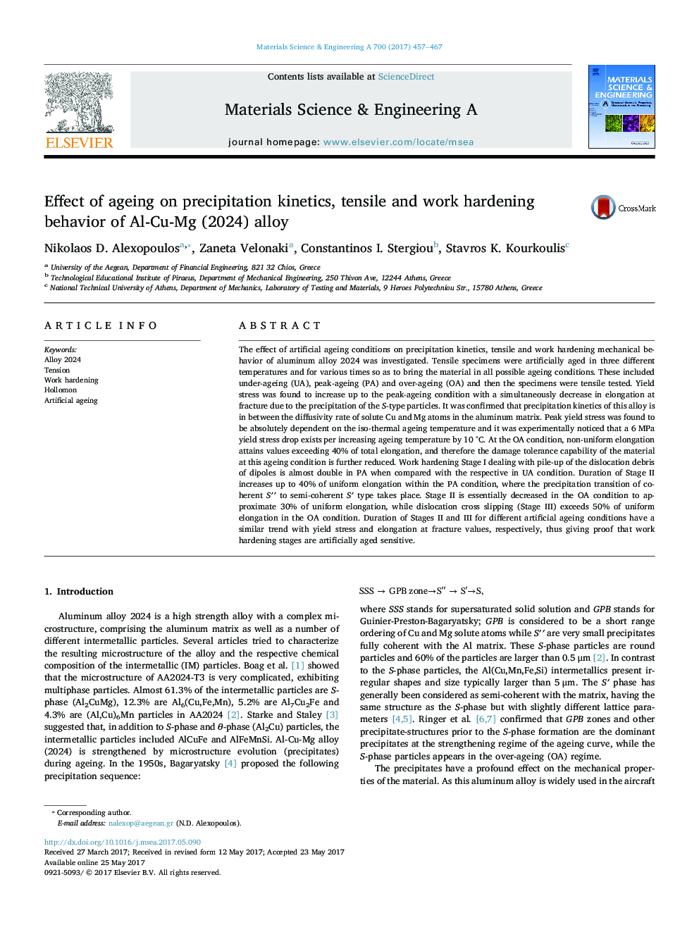 Effect of ageing on precipitation kinetics, tensile and work hardening behavior of Al-Cu-Mg (2024) alloy