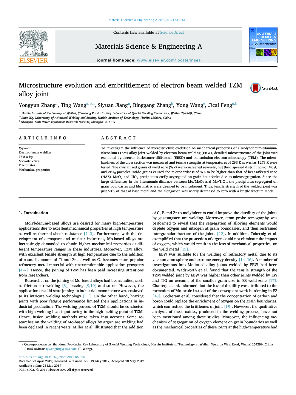 Microstructure evolution and embrittlement of electron beam welded TZM alloy joint