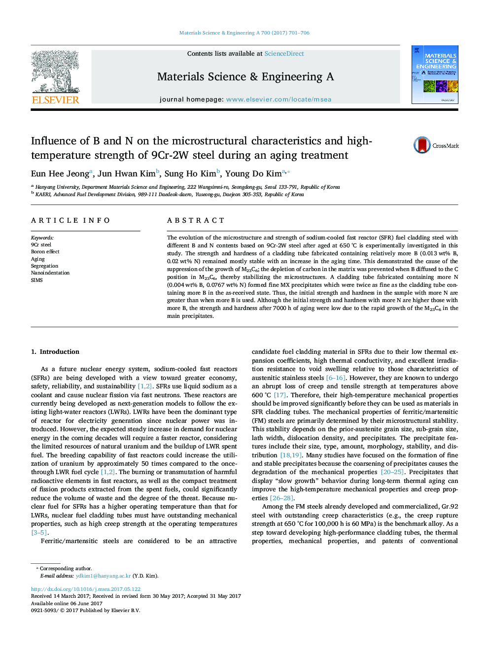 Influence of B and N on the microstructural characteristics and high-temperature strength of 9Cr-2W steel during an aging treatment