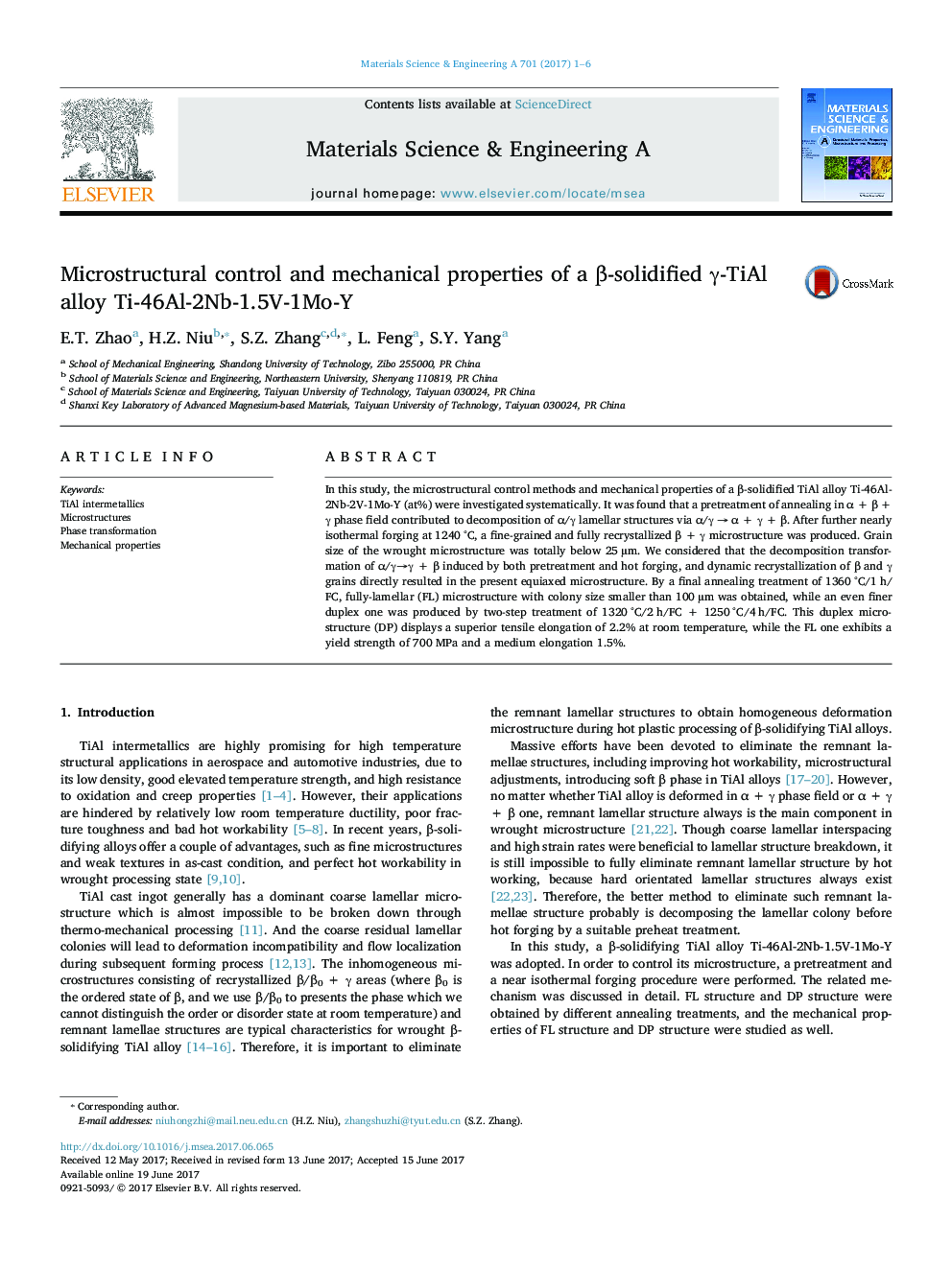 Microstructural control and mechanical properties of a Î²-solidified Î³-TiAl alloy Ti-46Al-2Nb-1.5V-1Mo-Y