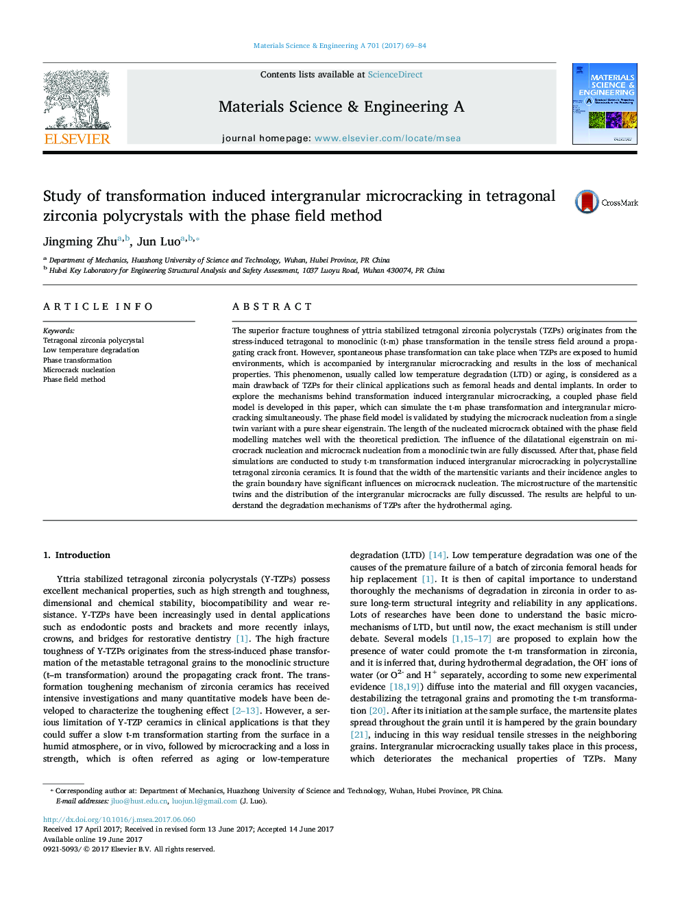 Study of transformation induced intergranular microcracking in tetragonal zirconia polycrystals with the phase field method