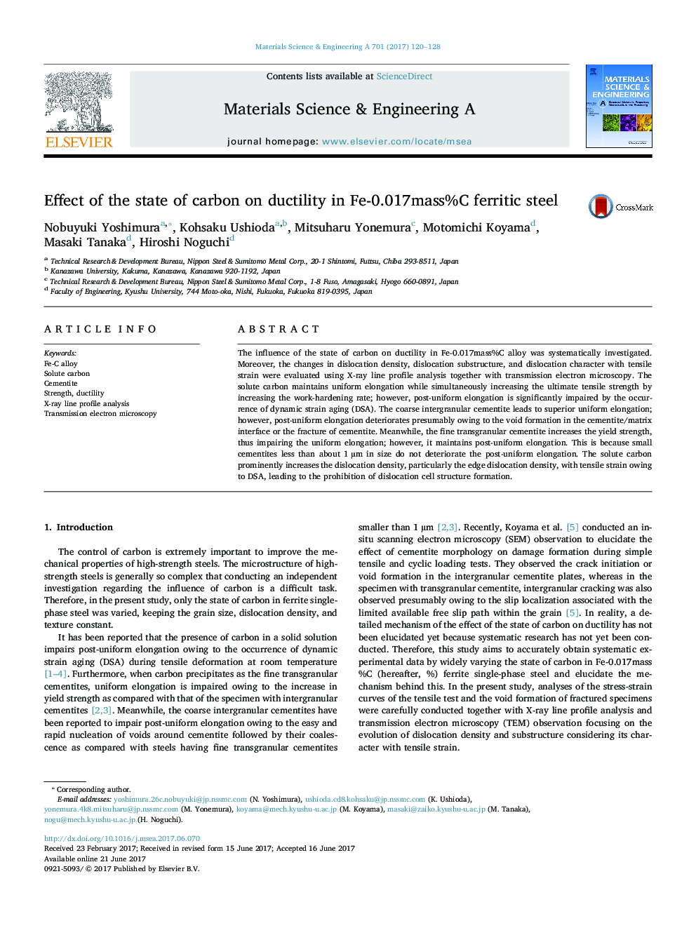 Effect of the state of carbon on ductility in Fe-0.017mass%C ferritic steel