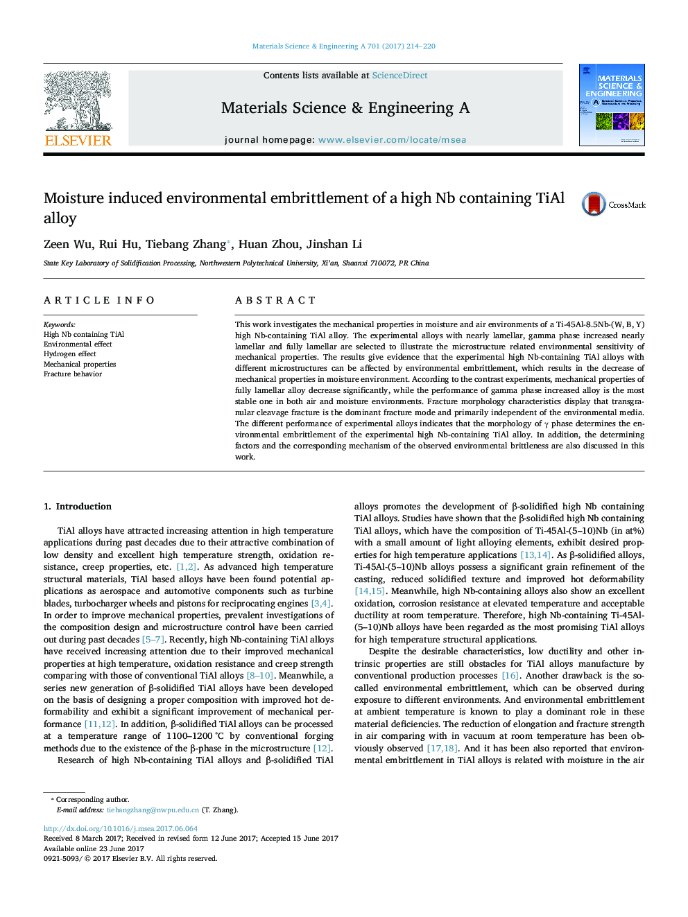 Moisture induced environmental embrittlement of a high Nb containing TiAl alloy