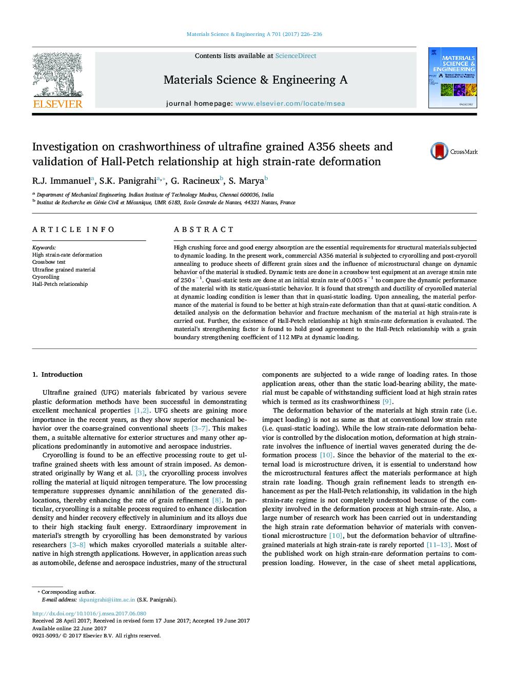 Investigation on crashworthiness of ultrafine grained A356 sheets and validation of Hall-Petch relationship at high strain-rate deformation