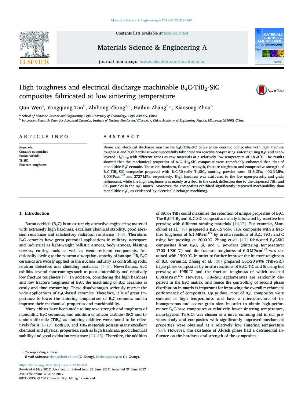 High toughness and electrical discharge machinable B4C-TiB2-SiC composites fabricated at low sintering temperature