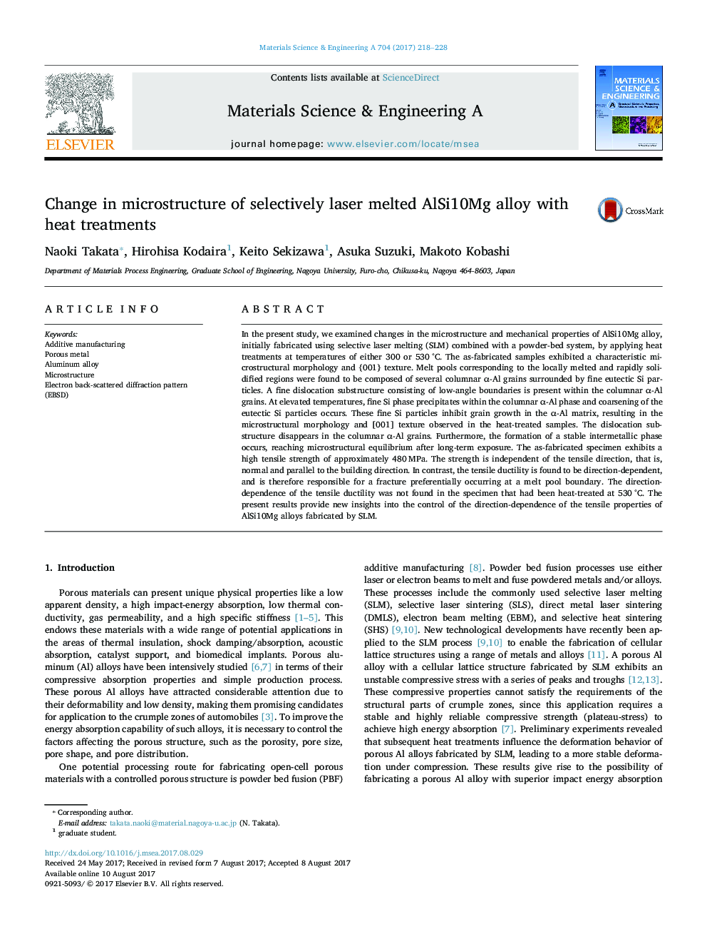 Change in microstructure of selectively laser melted AlSi10Mg alloy with heat treatments