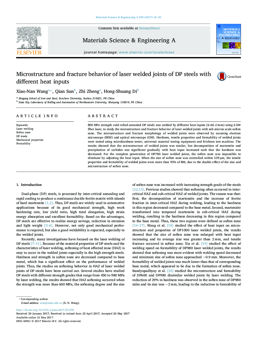 Microstructure and fracture behavior of laser welded joints of DP steels with different heat inputs