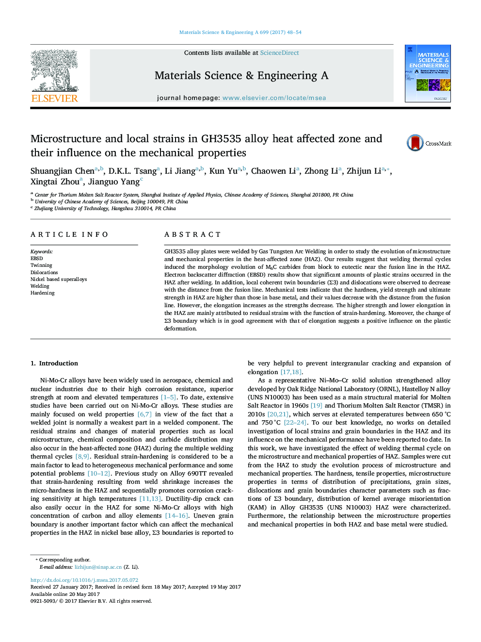 Microstructure and local strains in GH3535 alloy heat affected zone and their influence on the mechanical properties