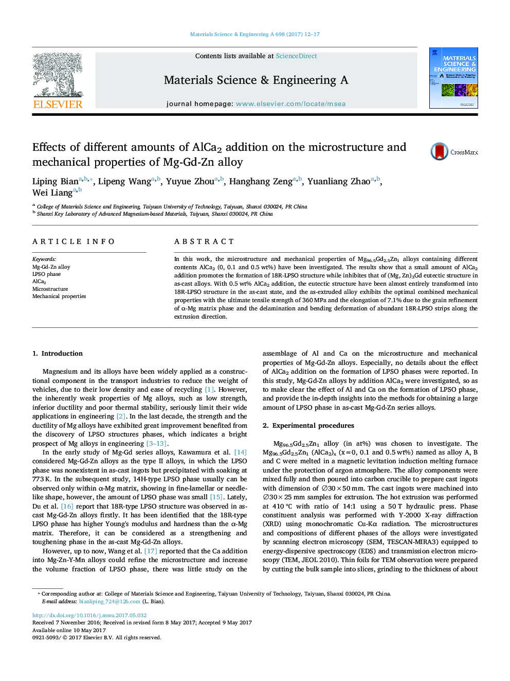 Effects of different amounts of AlCa2 addition on the microstructure and mechanical properties of Mg-Gd-Zn alloy