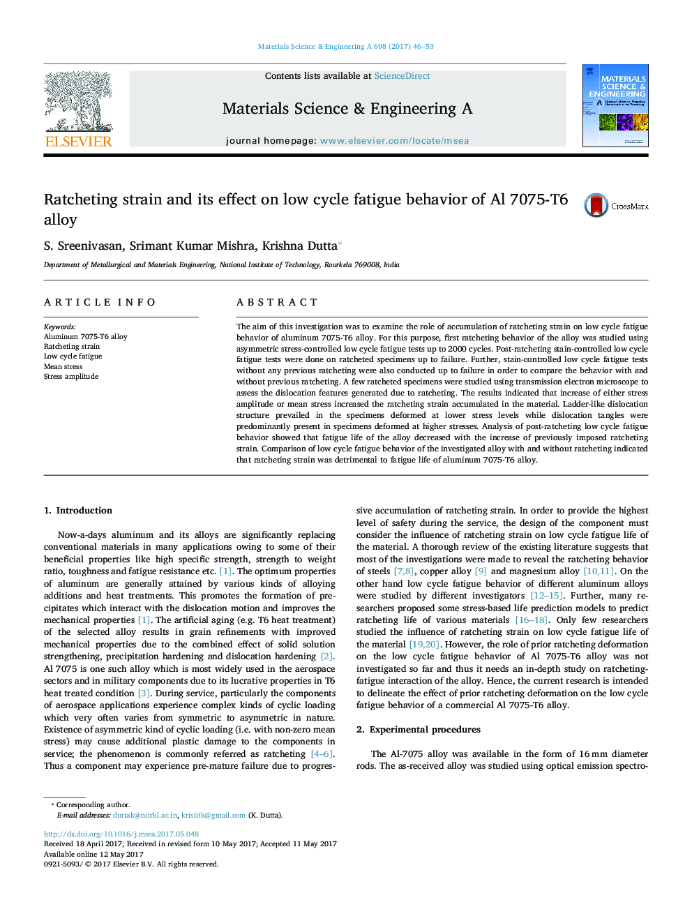 Ratcheting strain and its effect on low cycle fatigue behavior of Al 7075-T6 alloy